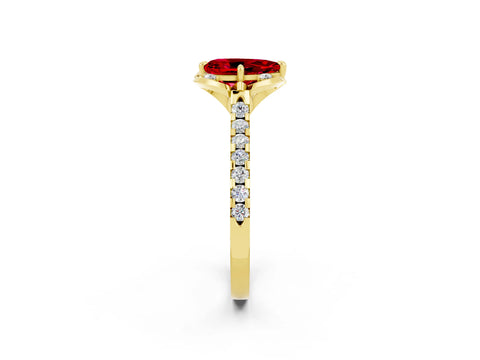 Yellow gold Pear Cut Ruby Ring with Pavé Band and Floral Prong Setting_2