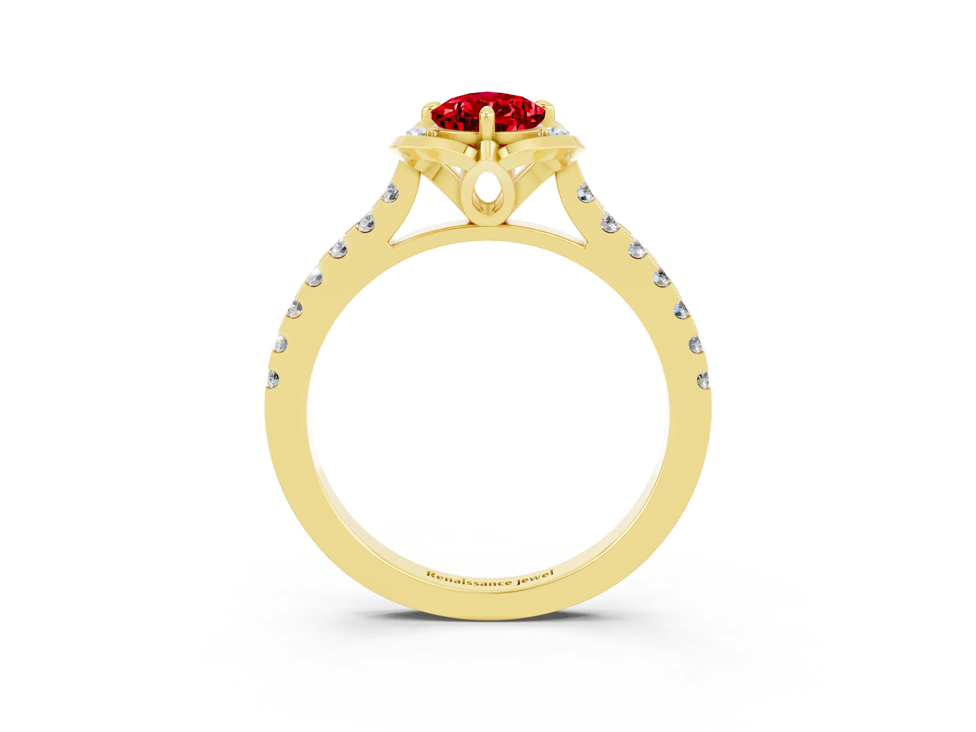 Yellow gold Pear Cut Ruby Ring with Pavé Band and Floral Prong Setting_3