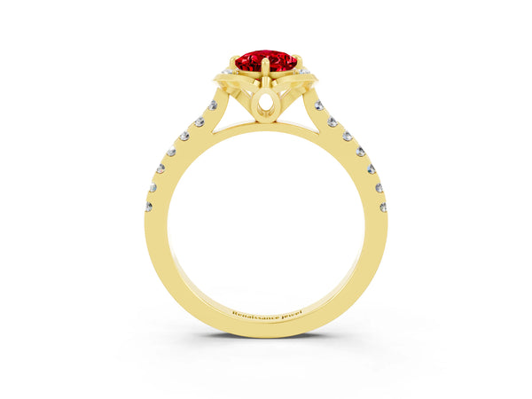 Yellow gold Pear Cut Ruby Ring with Pavé Band and Floral Prong Setting