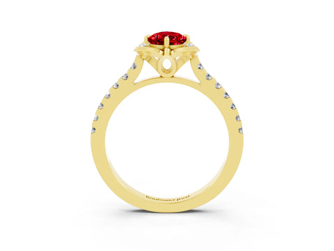Yellow gold Pear Cut Ruby Ring with Pavé Band and Floral Prong Setting_3
