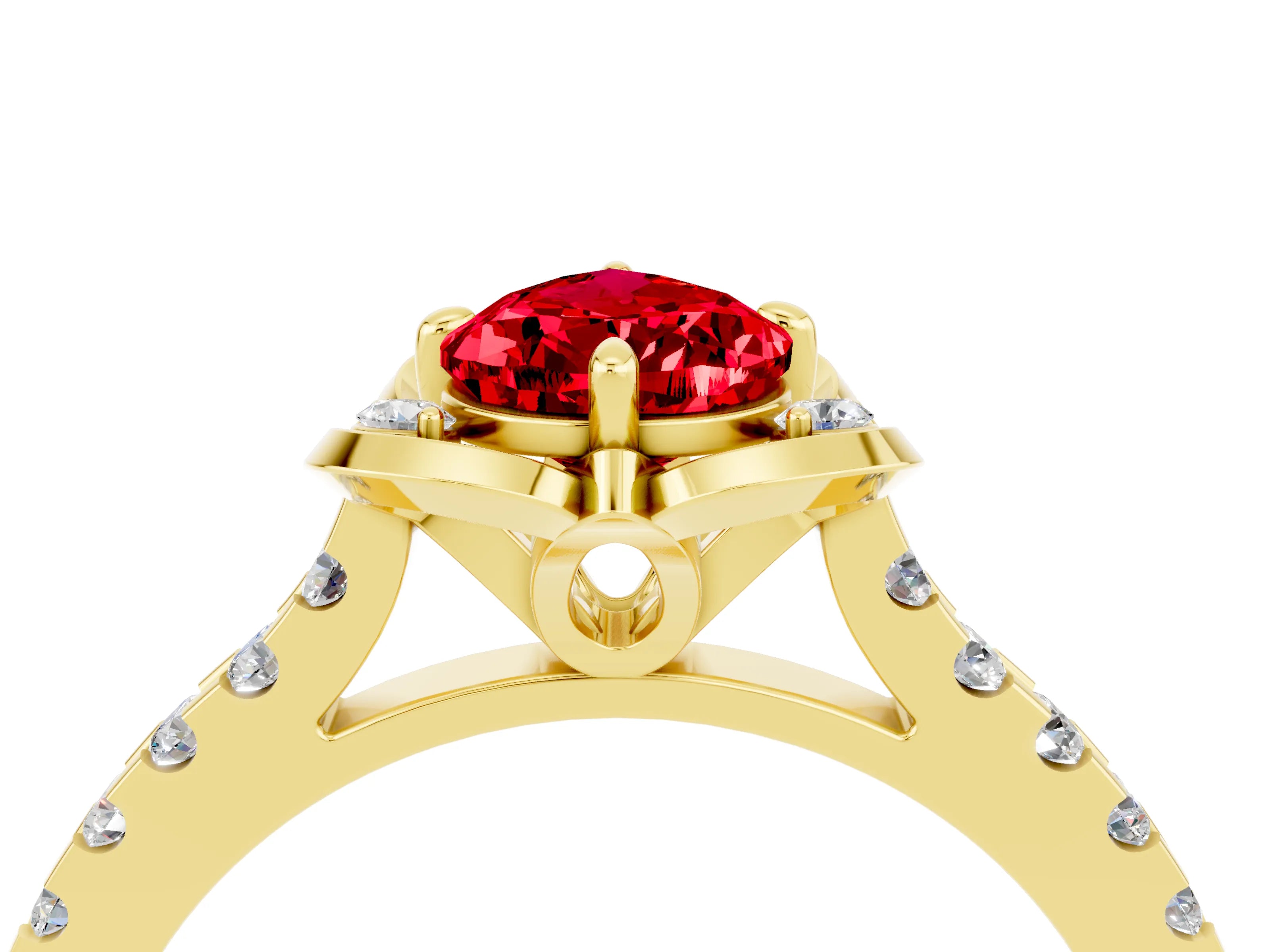 Yellow gold Pear Cut Ruby Ring with Pavé Band and Floral Prong Setting_4