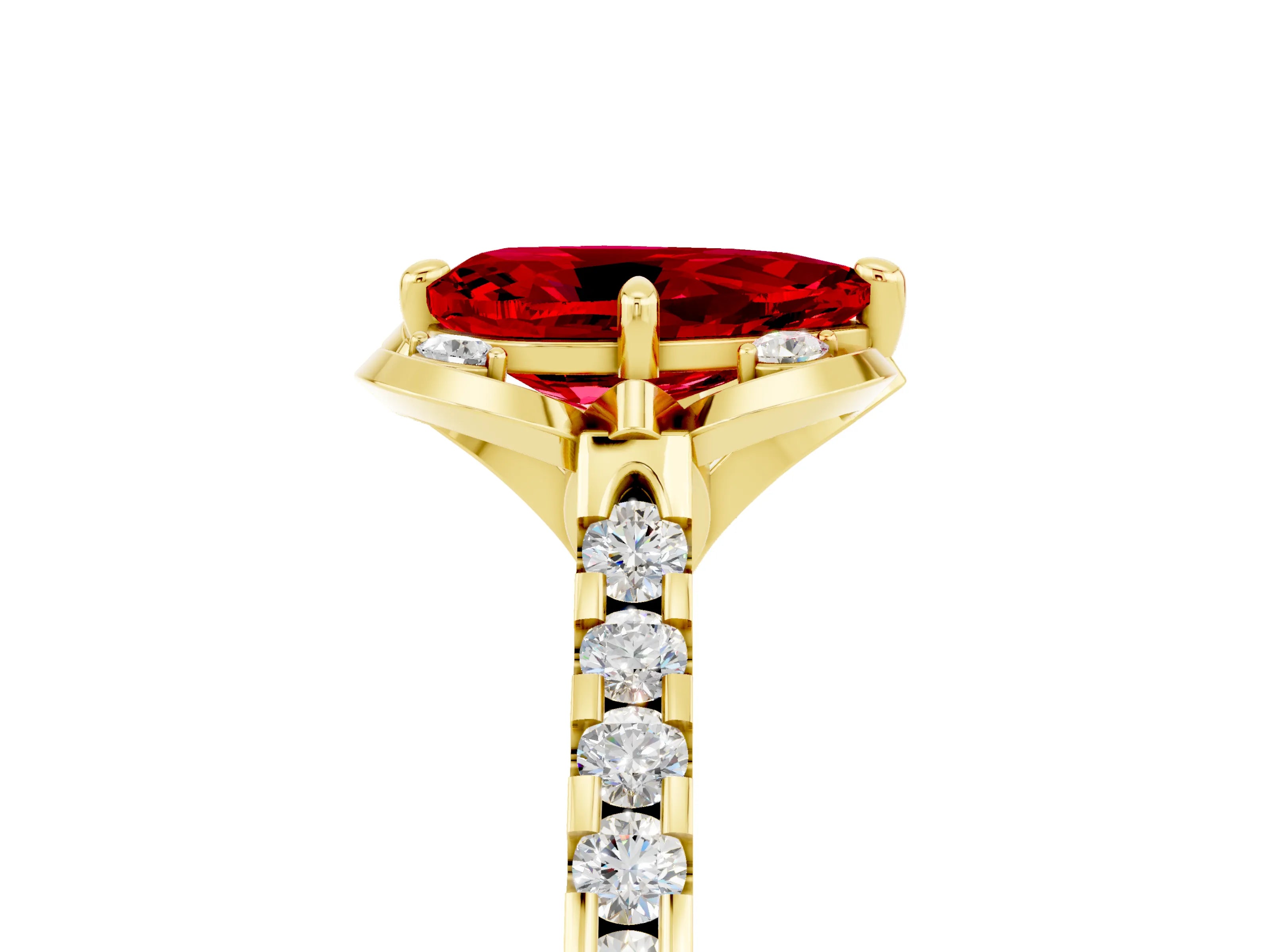 Yellow gold Pear Cut Ruby Ring with Pavé Band and Floral Prong Setting_5