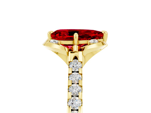 Yellow gold Pear Cut Ruby Ring with Pavé Band and Floral Prong Setting_5