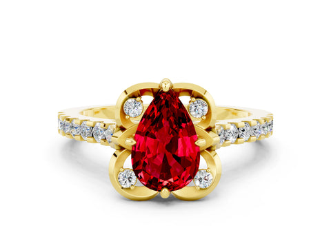 Yellow gold Pear Cut Ruby Ring with Pavé Band and Floral Prong Setting