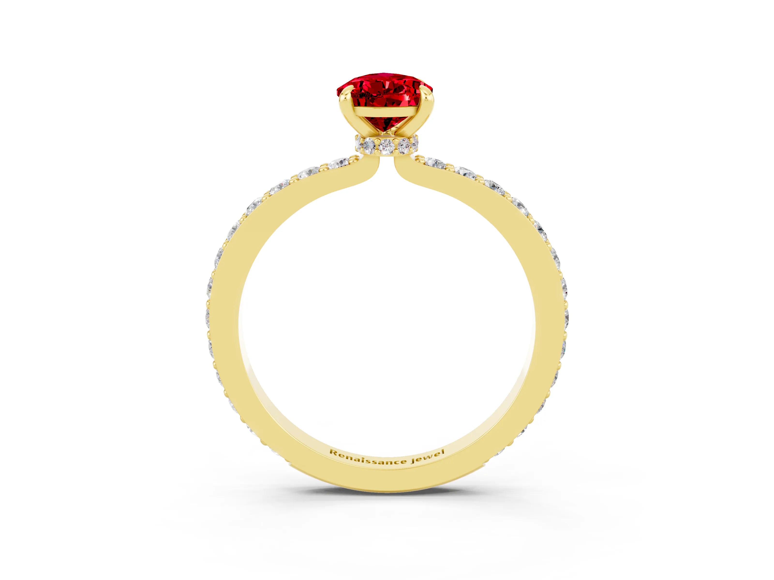 Yellow gold Pear Cut Ruby Ring with Pavé Band and Four-Prong Setting_3