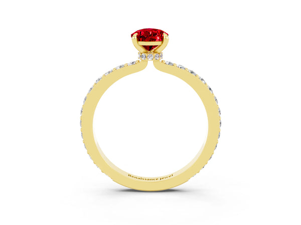 Yellow gold Pear Cut Ruby Pavé Engagement Ring with Round  Accents and Prong Setting