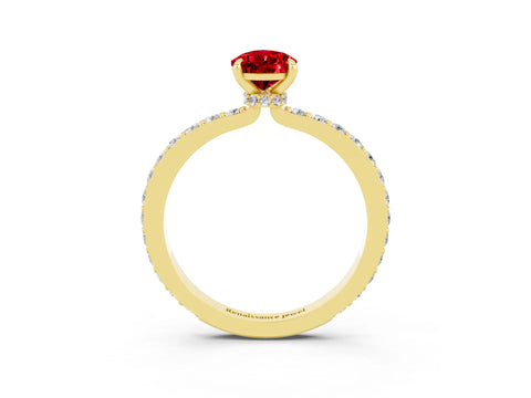 Yellow gold Pear Cut Ruby Ring with Pavé Band and Four-Prong Setting_3