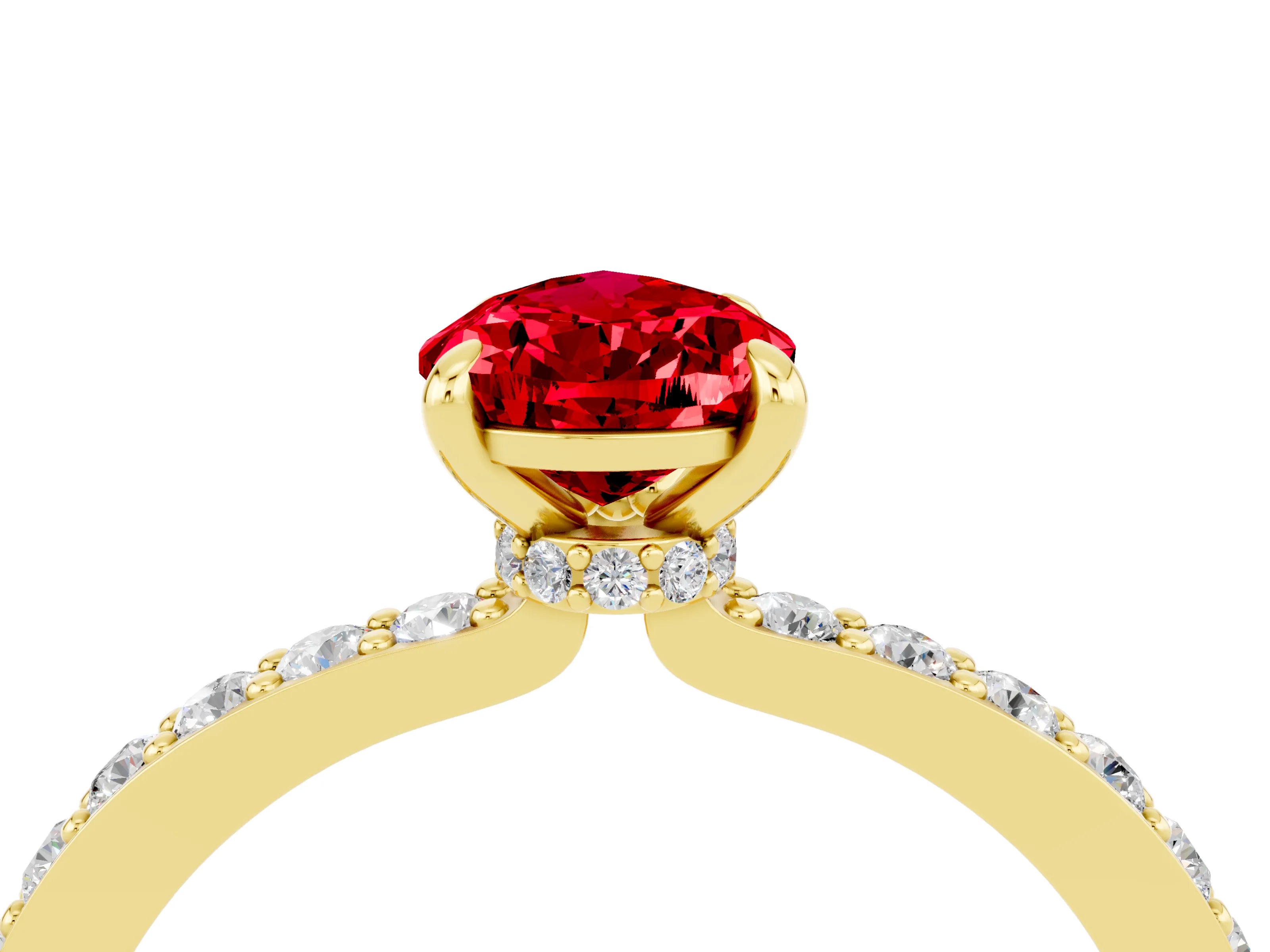 Yellow gold Pear Cut Ruby Ring with Pavé Band and Four-Prong Setting_4