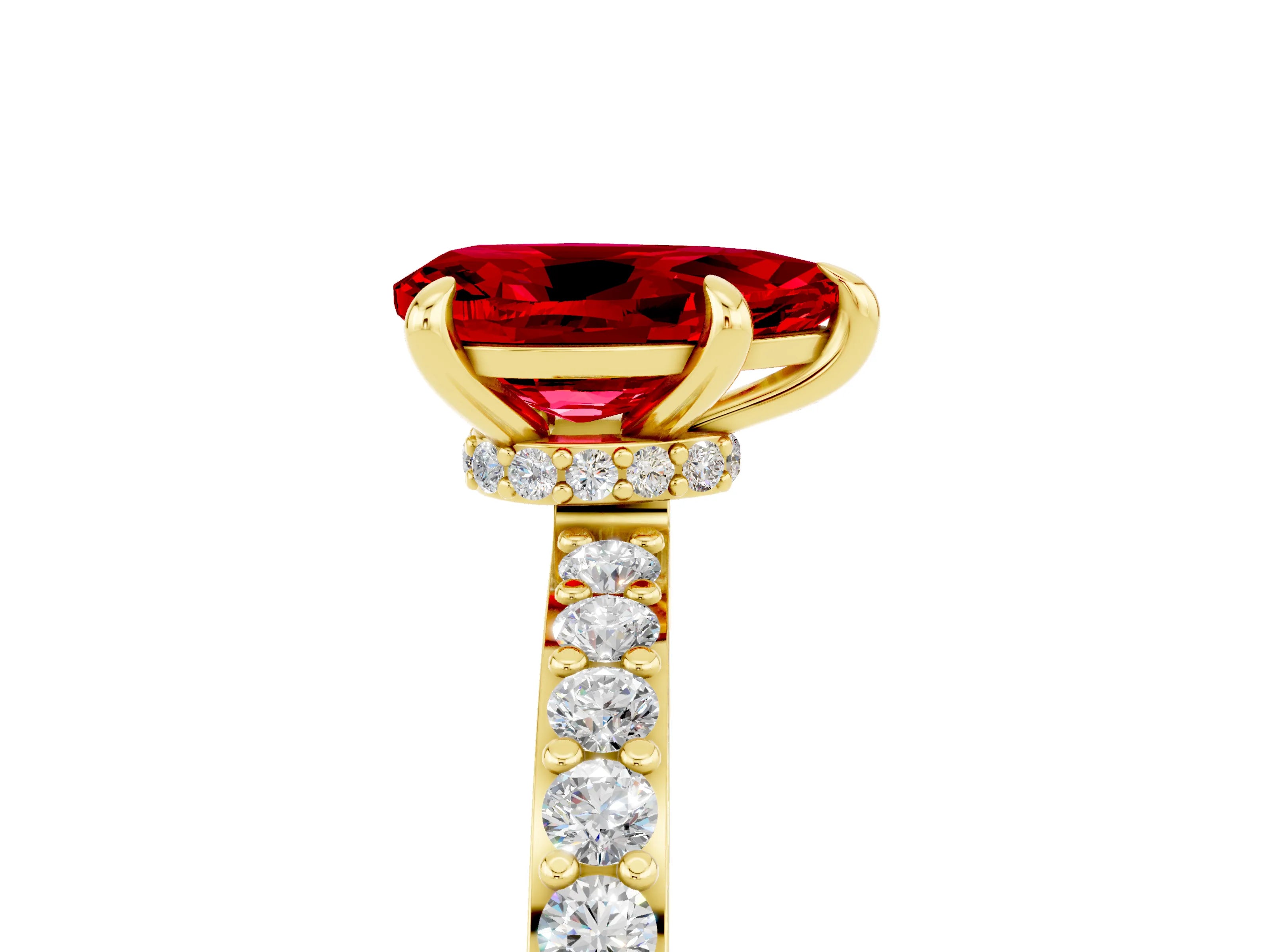 Yellow gold Pear Cut Ruby Ring with Pavé Band and Four-Prong Setting_5
