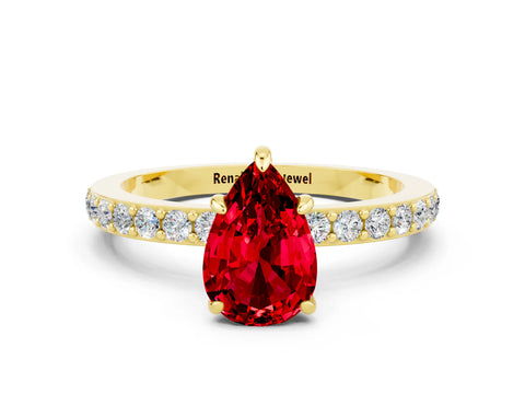 Yellow gold Pear Cut Ruby Ring with Pavé Band and Four-Prong Setting