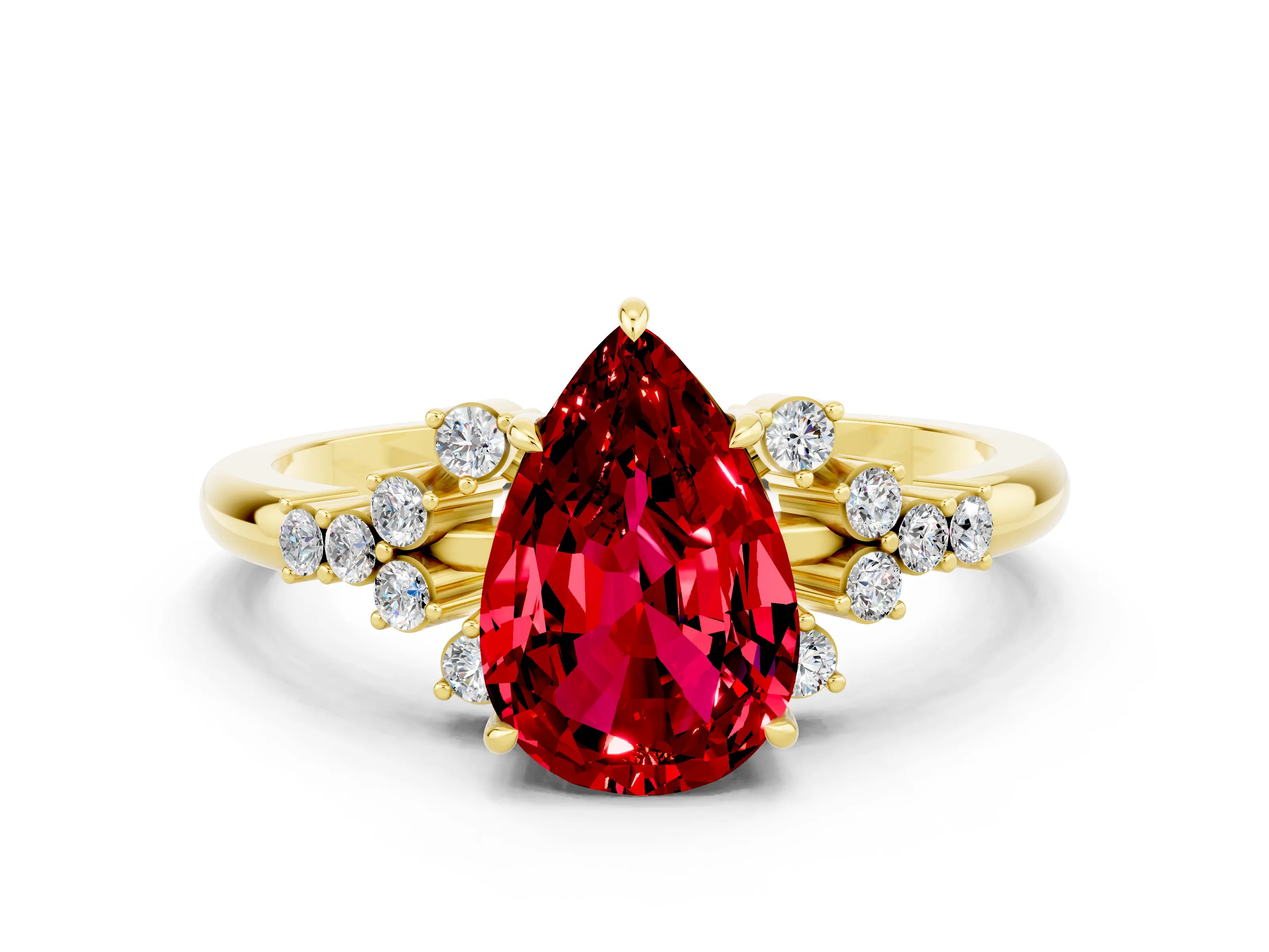 Yellow gold Pear Cut Ruby Ring with Side Stones and Four-Prong Setting_36