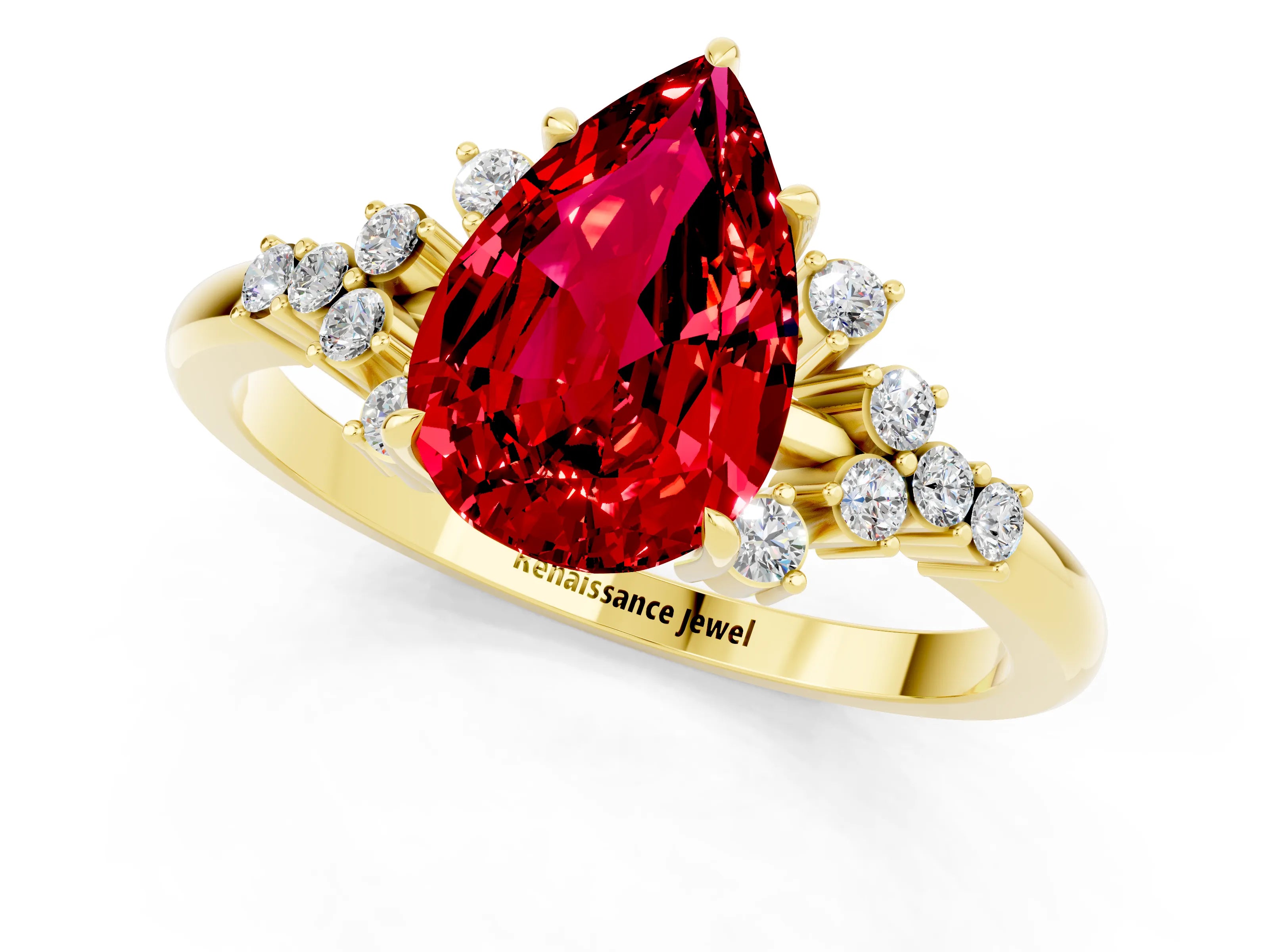 Yellow gold Pear Cut Ruby Ring with Side Stones and Four-Prong Setting_37