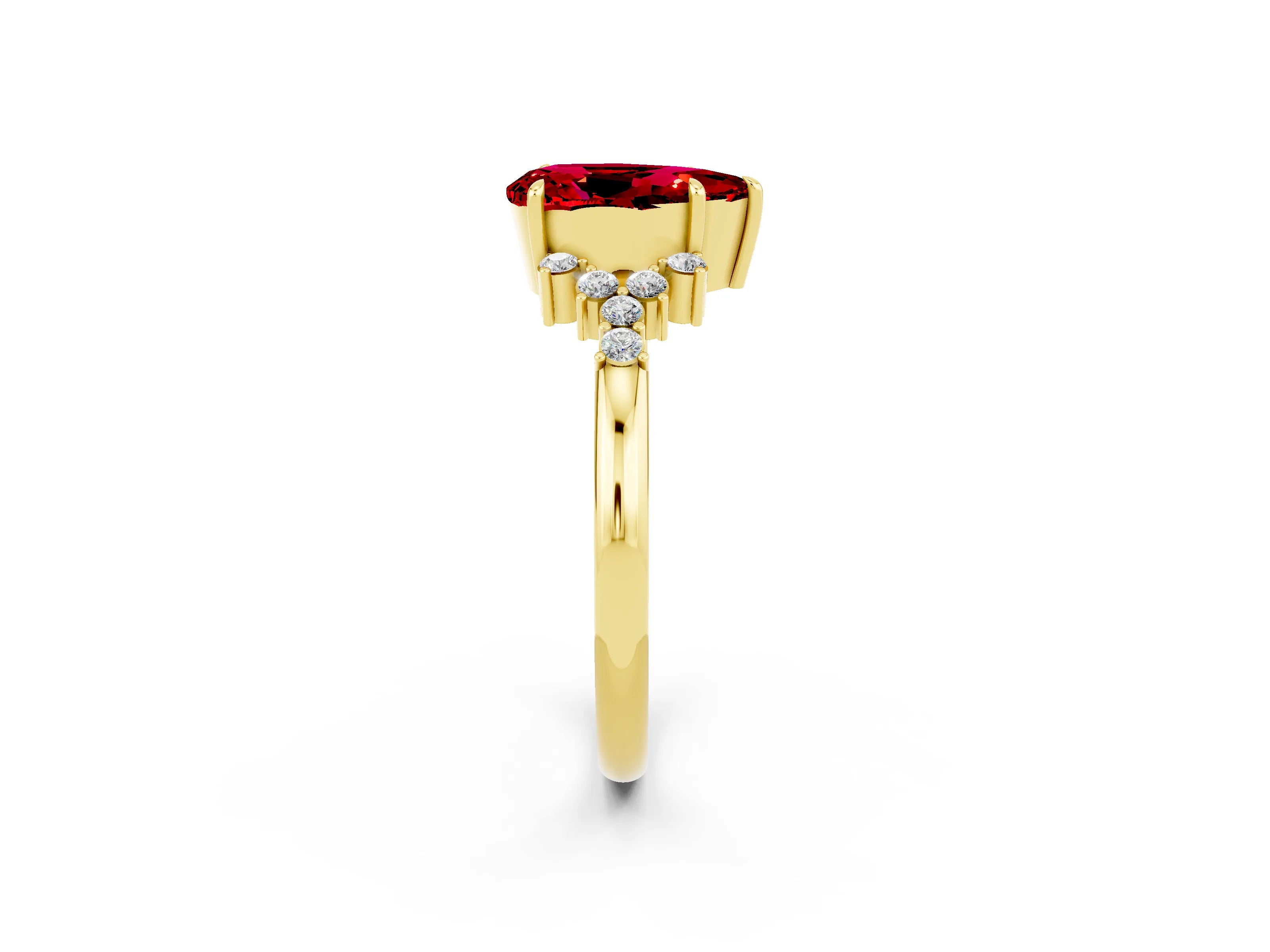 Yellow gold Pear Cut Ruby Ring with Side Stones and Four-Prong Setting_38