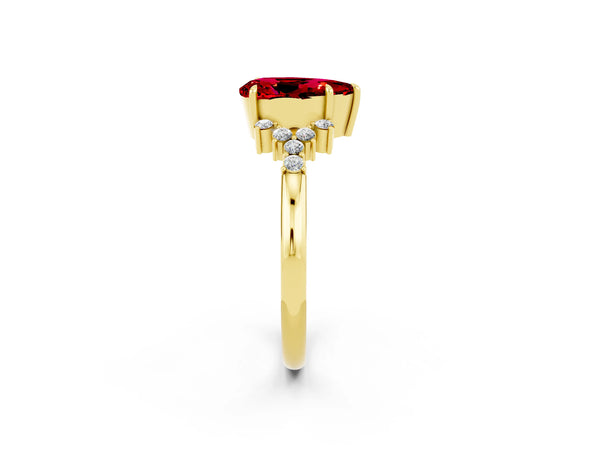 Yellow gold Pear Cut Ruby Ring with Side Stones and Four-Prong Setting