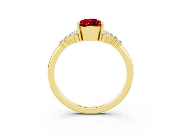 Yellow gold Pear Cut Ruby Ring with Side Stones and Four-Prong Setting