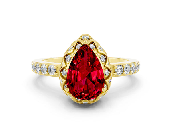 Yellow gold Pear Cut Ruby Scalloped Halo Engagement Ring with Round Shared Prong Band
