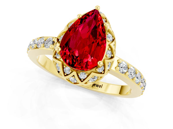 Yellow gold Pear Cut Ruby Scalloped Halo Engagement Ring with Round Shared Prong Band