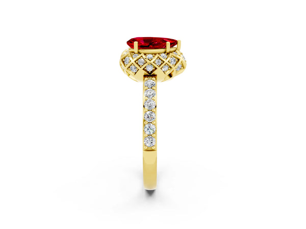 Yellow gold Pear Cut Ruby Scalloped Halo Engagement Ring with Round Shared Prong Band