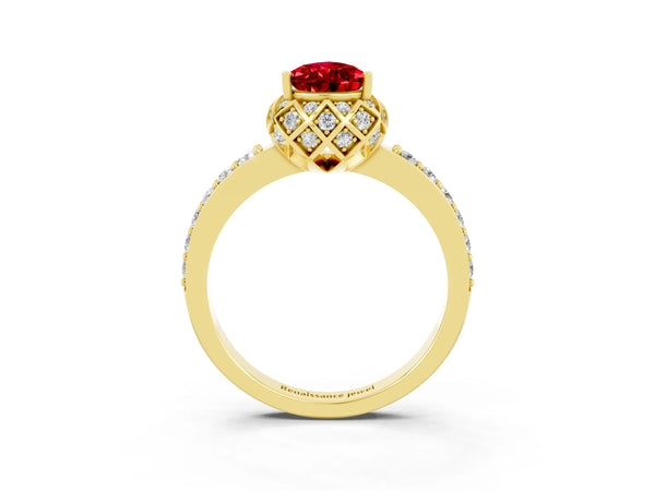 Yellow gold Pear Cut Ruby Scalloped Halo Engagement Ring with Round Shared Prong Band