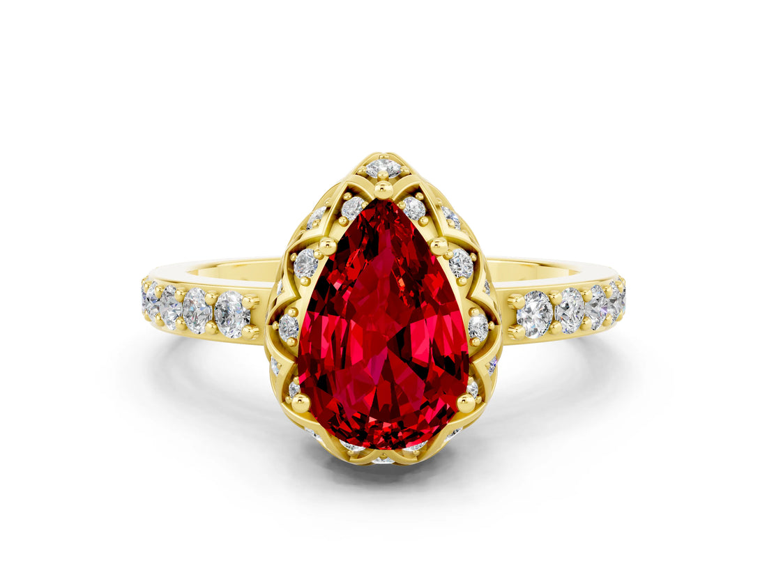 Yellow gold Pear Cut Ruby Scalloped Halo Engagement Ring with Round Shared Prong Band_24