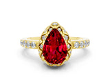 Yellow gold Pear Cut Ruby Scalloped Halo Engagement Ring with Round Shared Prong Band_24