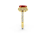 Yellow gold Pear Cut Ruby Scalloped Halo Engagement Ring with Round Shared Prong Band_26