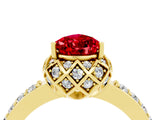 Yellow gold Pear Cut Ruby Scalloped Halo Engagement Ring with Round Shared Prong Band_28