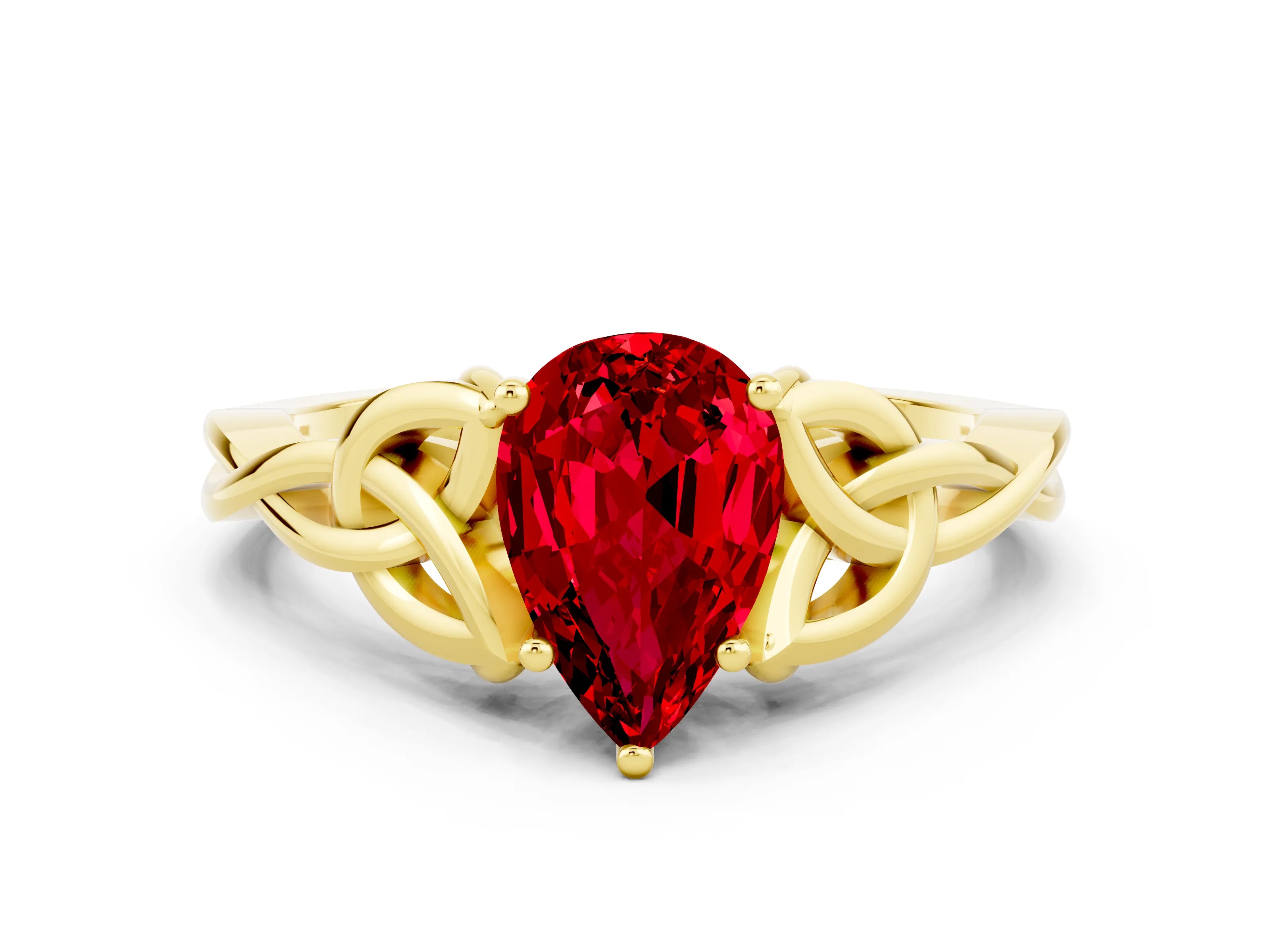 Yellow gold Pear Cut Ruby Solitaire Celtic Knot Ring with Four-Prong Setting_12