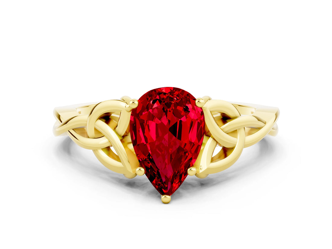 Yellow gold Pear Cut Ruby Solitaire Celtic Knot Ring with Four-Prong Setting_12