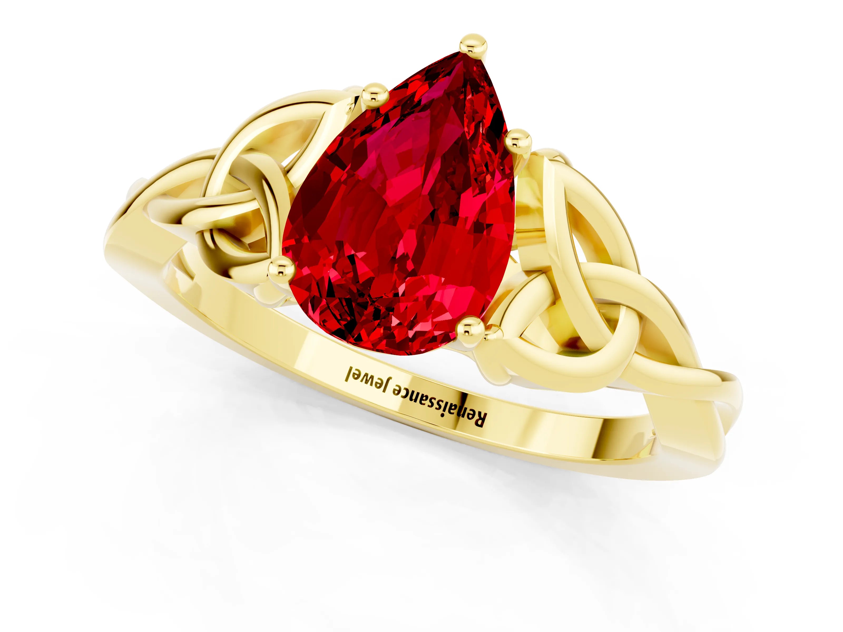 Yellow gold Pear Cut Ruby Solitaire Celtic Knot Ring with Four-Prong Setting_13