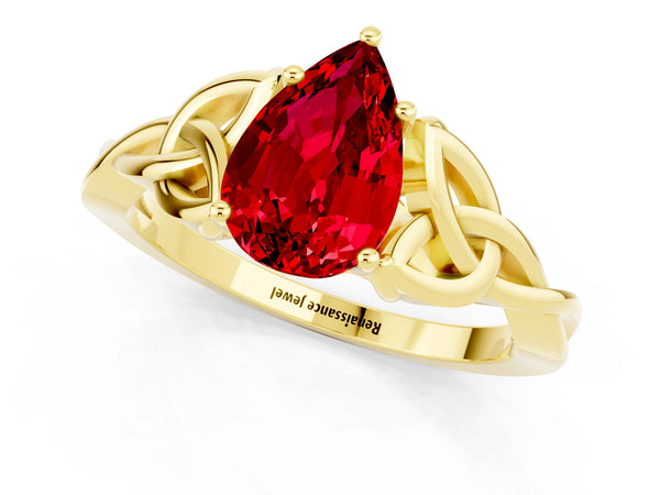 Yellow gold Pear Cut Ruby Solitaire Celtic Knot Ring with Four-Prong Setting