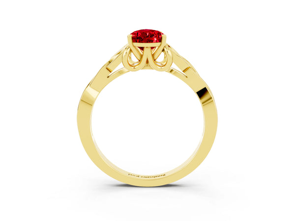 Yellow gold Pear Cut Ruby Solitaire Celtic Knot Ring with Four-Prong Setting