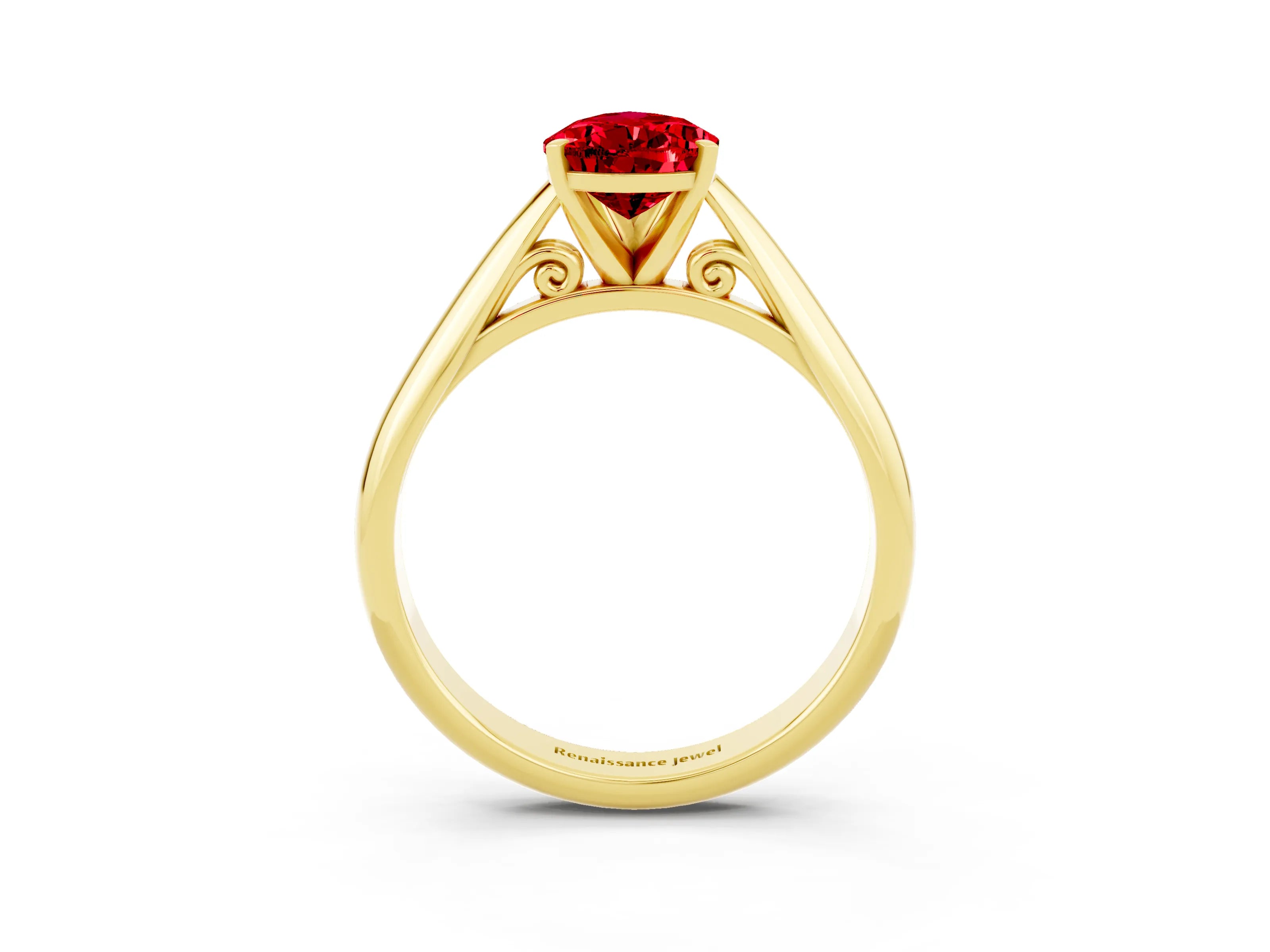 Yellow gold Pear Cut Ruby Solitaire Engagement Ring with Cathedral Setting and Four-Prong Mount_15