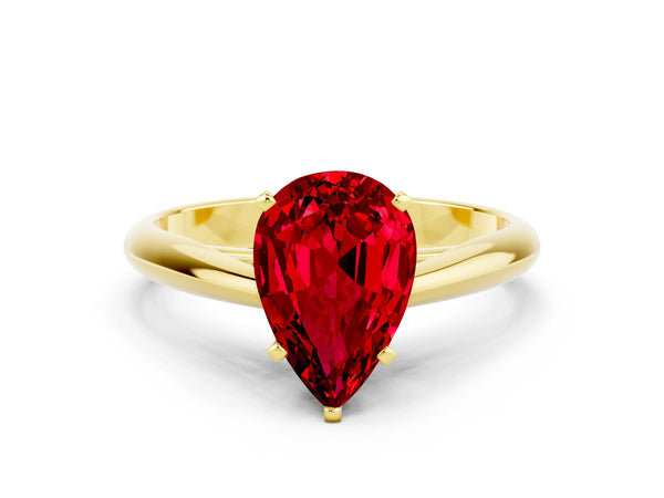 Yellow gold Pear Cut Ruby Solitaire Engagement Ring with Cathedral Setting and Four-Prong Mount