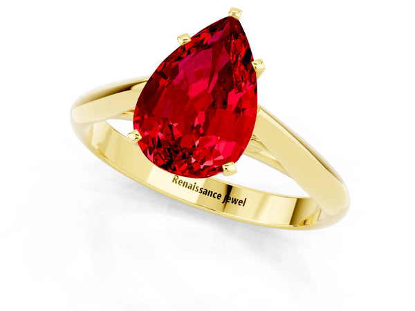Yellow gold Pear Cut Ruby Solitaire Engagement Ring with Cathedral Setting and Four-Prong Mount