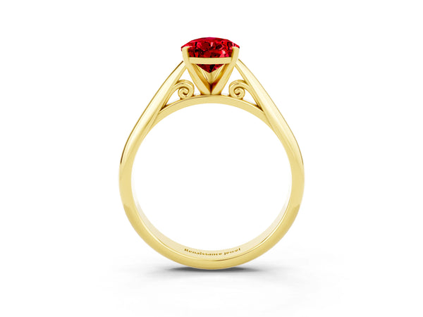 Yellow gold Pear Cut Ruby Solitaire Engagement Ring with Cathedral Setting and Four-Prong Mount