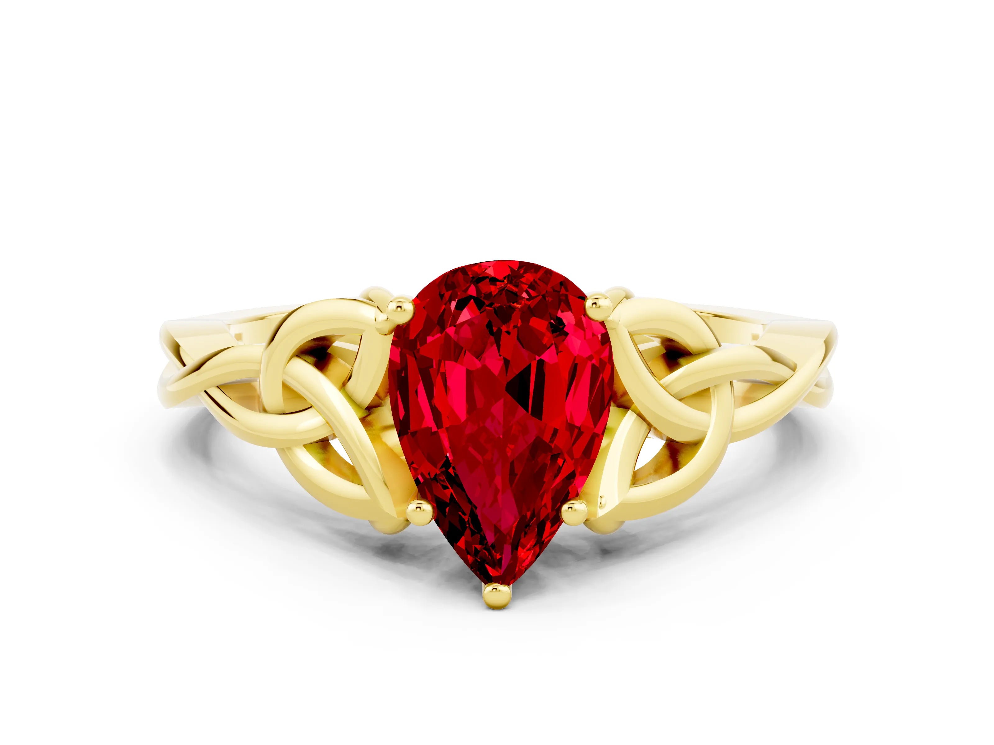 Yellow gold Pear Cut Ruby Solitaire Engagement Ring with Celtic Knot Band and Four-Prong Setting