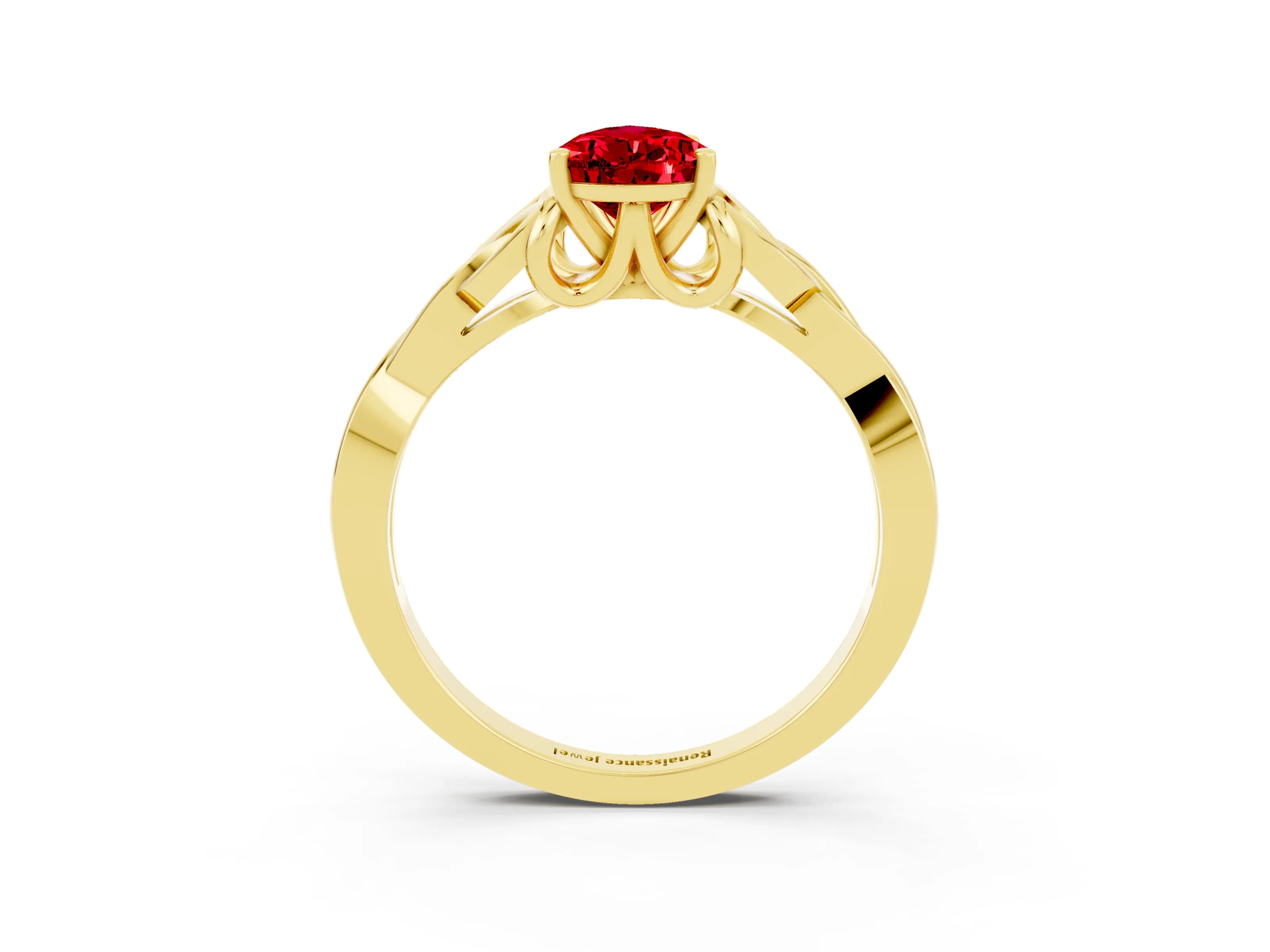 Yellow gold Pear Cut Ruby Solitaire Engagement Ring with Celtic Knot Band and Four-Prong Setting_3