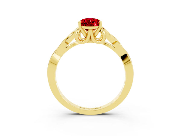 Yellow gold Pear Cut Ruby Solitaire Engagement Ring with Celtic Knot Band and Four-Prong Setting