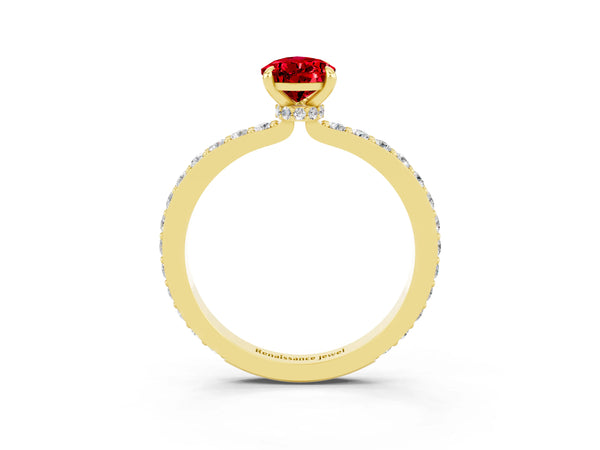 Yellow gold Pear Cut Ruby Solitaire Engagement Ring with Pavé Band and Four-Prong Setting