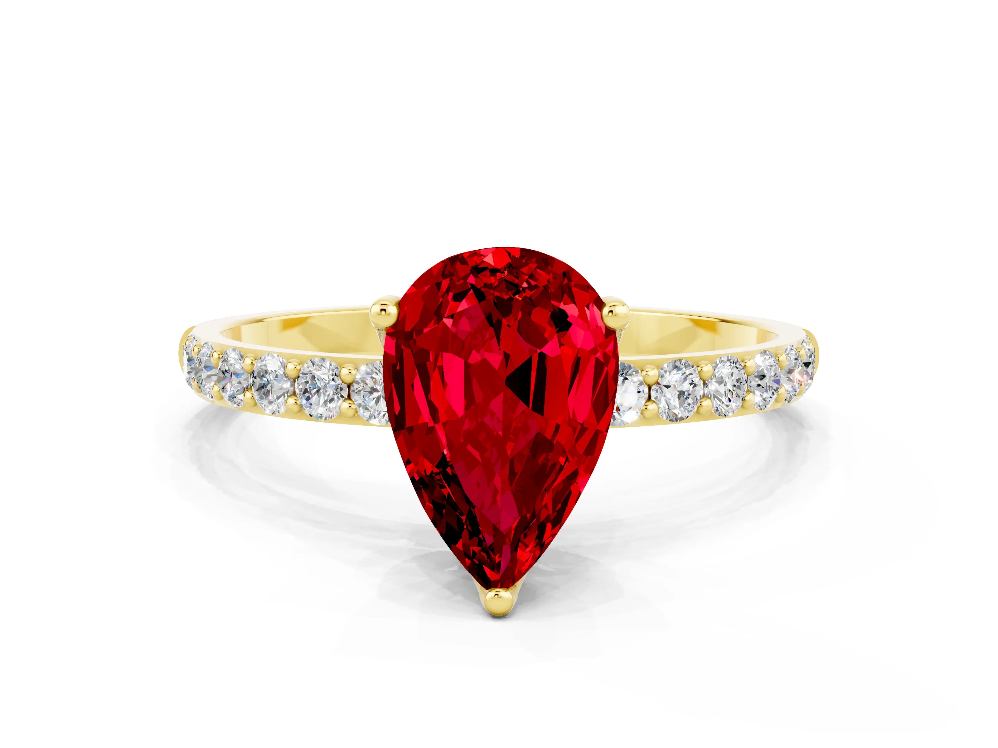 Yellow gold Pear Cut Ruby Solitaire Engagement Ring with Pavé Band and Prong Setting