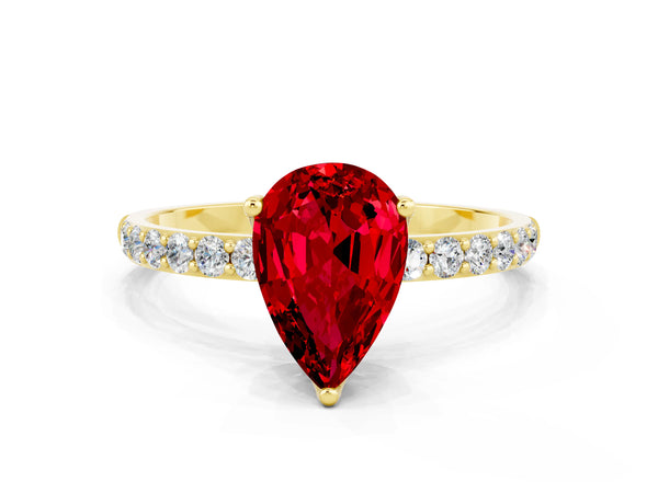 Yellow gold Pear Cut Ruby Solitaire Engagement Ring with Round  Pavé Band and Prong Setting