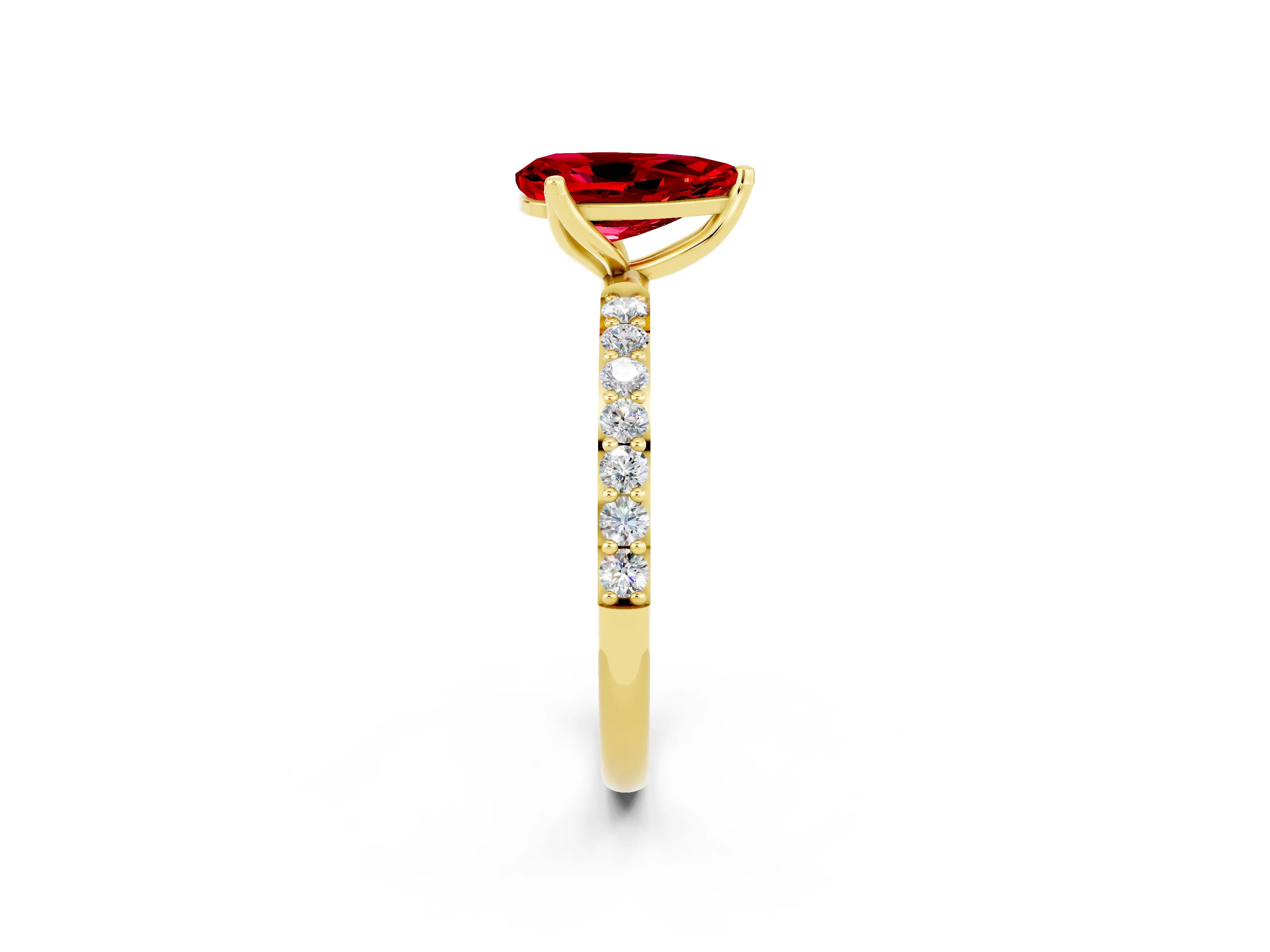 Yellow gold Pear Cut Ruby Solitaire Engagement Ring with Pavé Band and Prong Setting_2