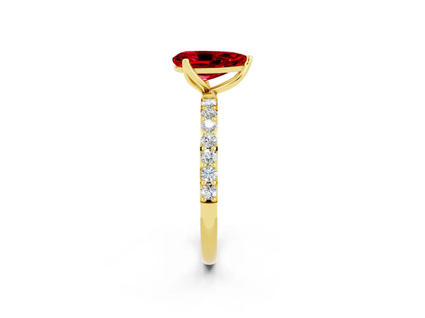Yellow gold Pear Cut Ruby Solitaire Engagement Ring with Round  Pavé Band and Prong Setting