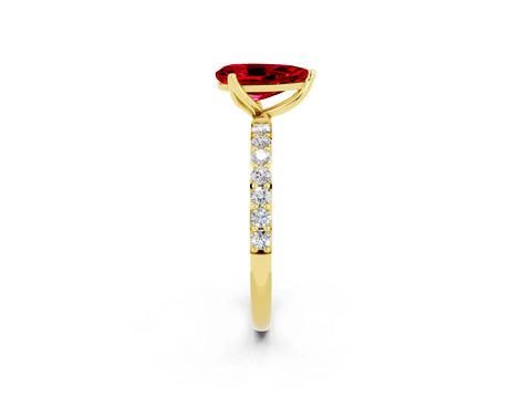 Yellow gold Pear Cut Ruby Solitaire Engagement Ring with Pavé Band and Prong Setting_2