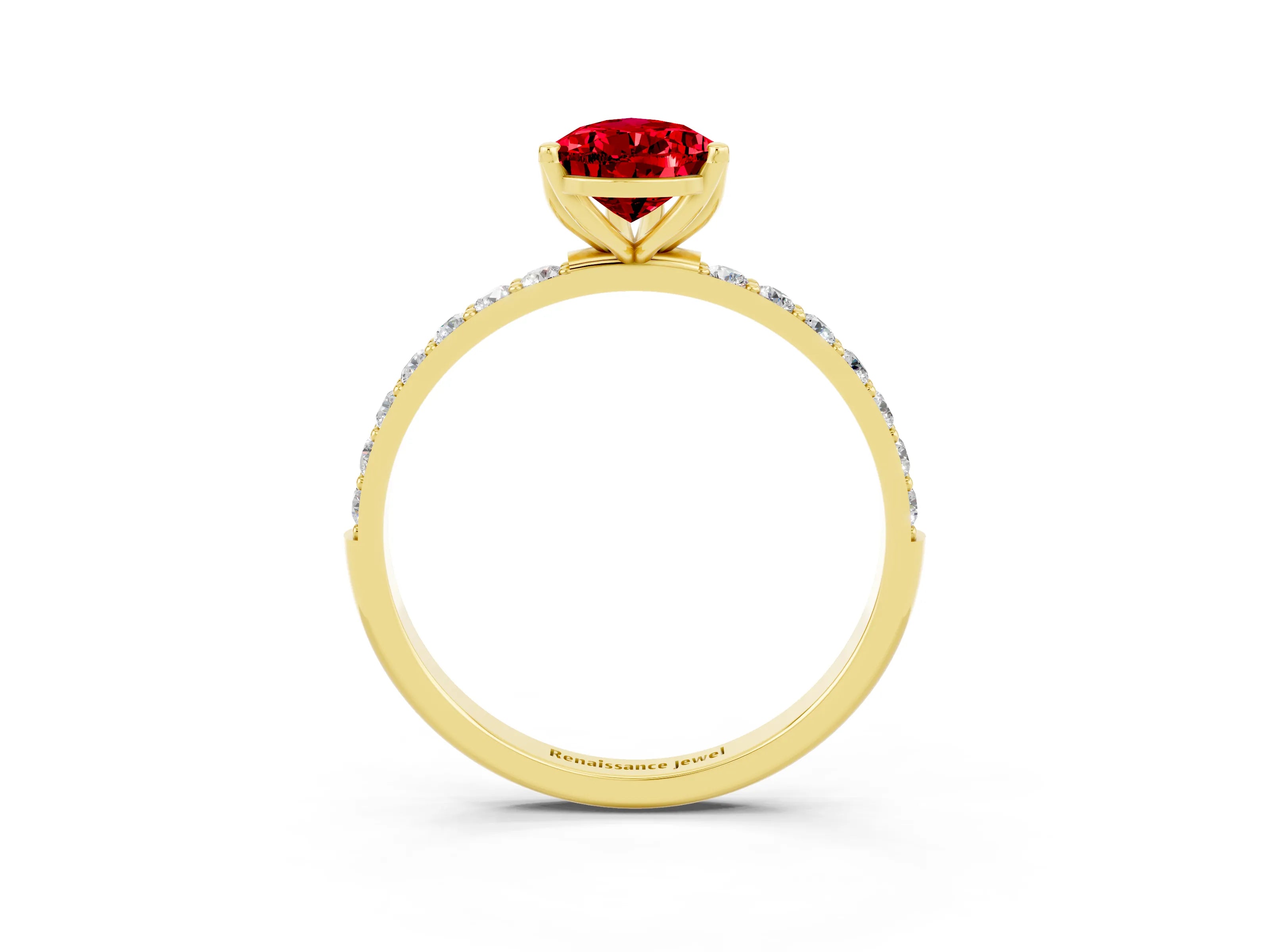 Yellow gold Pear Cut Ruby Solitaire Engagement Ring with Pavé Band and Prong Setting_3