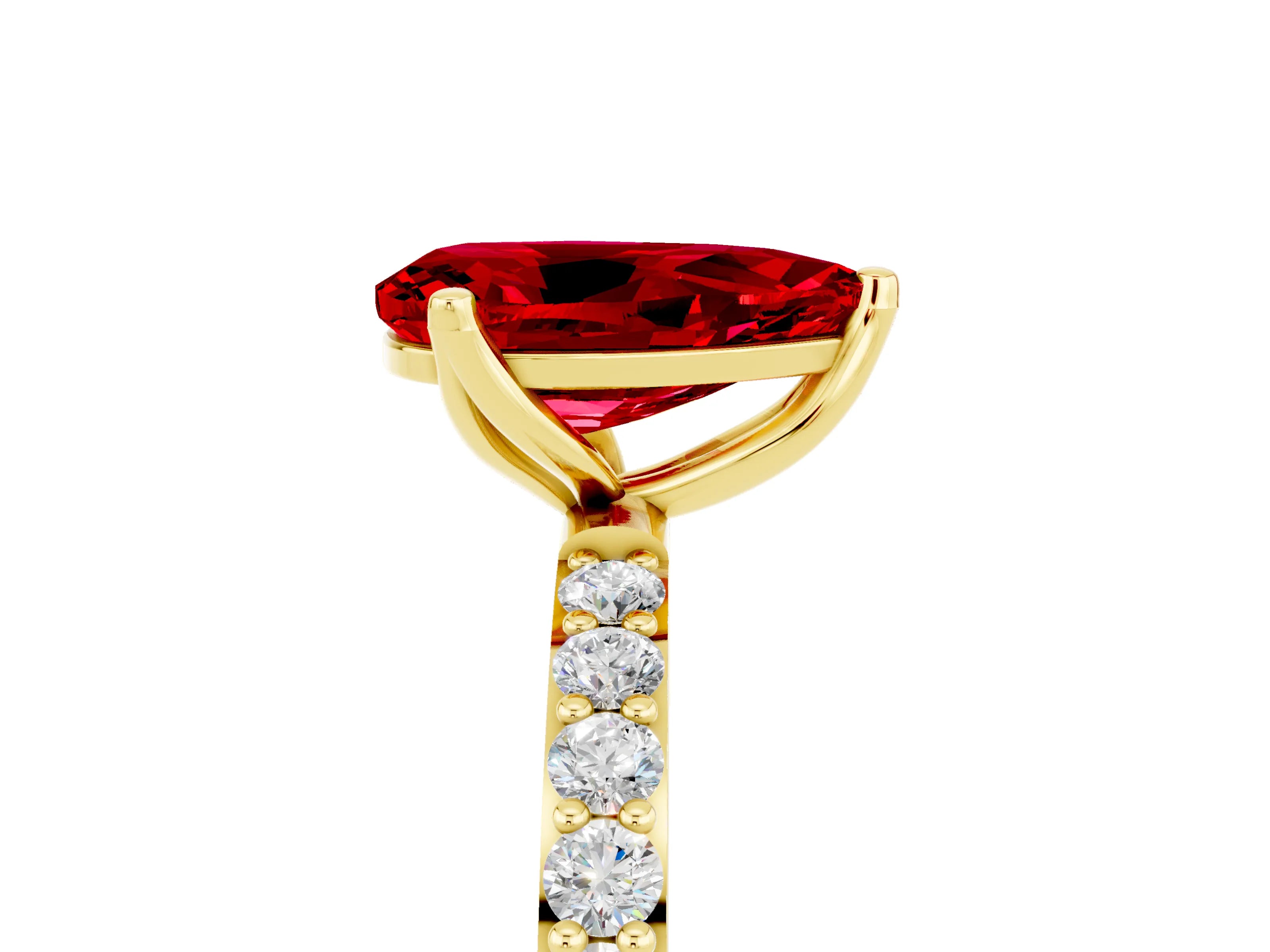 Yellow gold Pear Cut Ruby Solitaire Engagement Ring with Pavé Band and Prong Setting_5