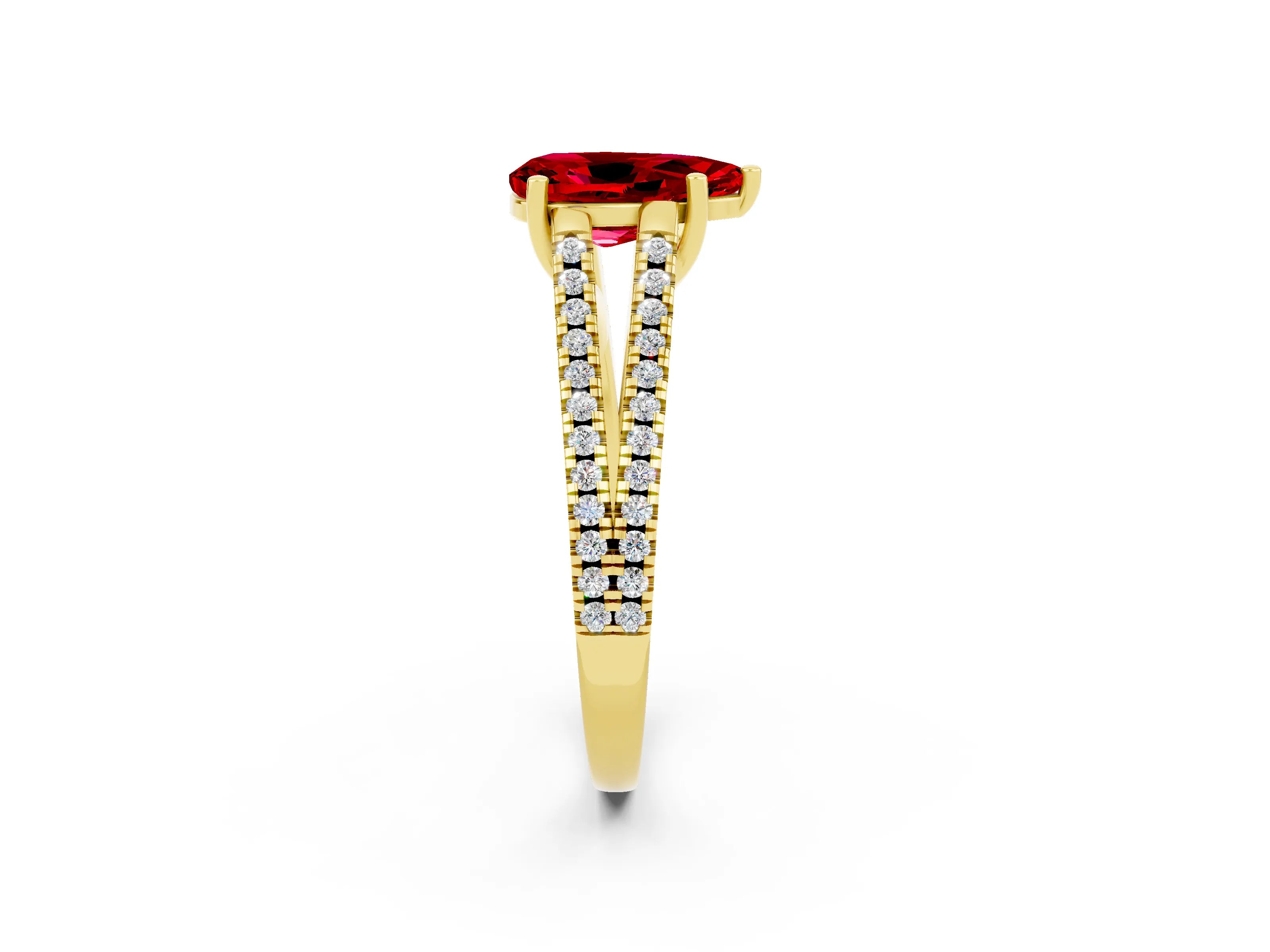 Yellow gold Pear Cut Ruby Solitaire Engagement Ring with Split Shank Pavé Band_2