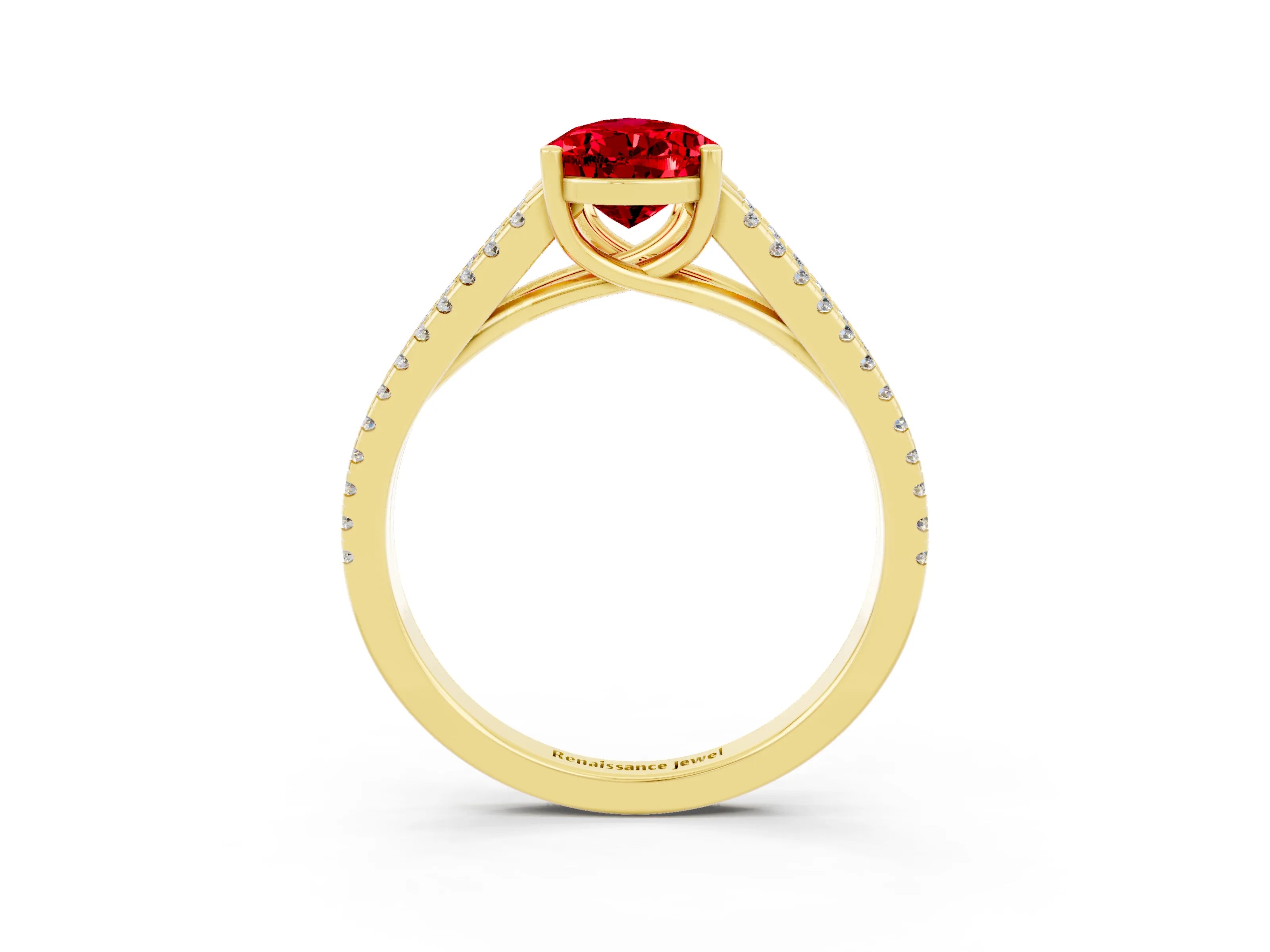 Yellow gold Pear Cut Ruby Solitaire Engagement Ring with Split Shank Pavé Band_3