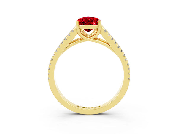 Yellow gold Pear Cut Ruby Solitaire Engagement Ring with Split Shank Pavé Band